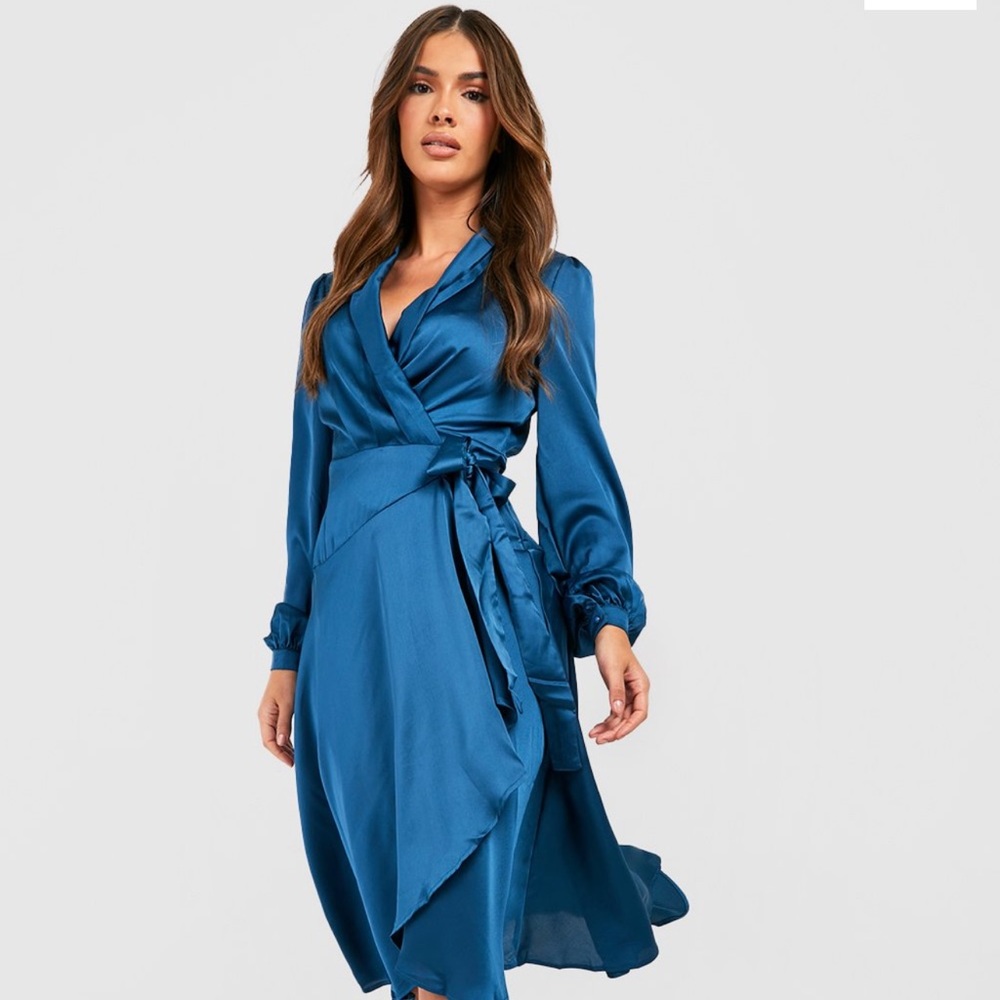 SATIN WRAP DETAIL MIDI SKATER DRESS